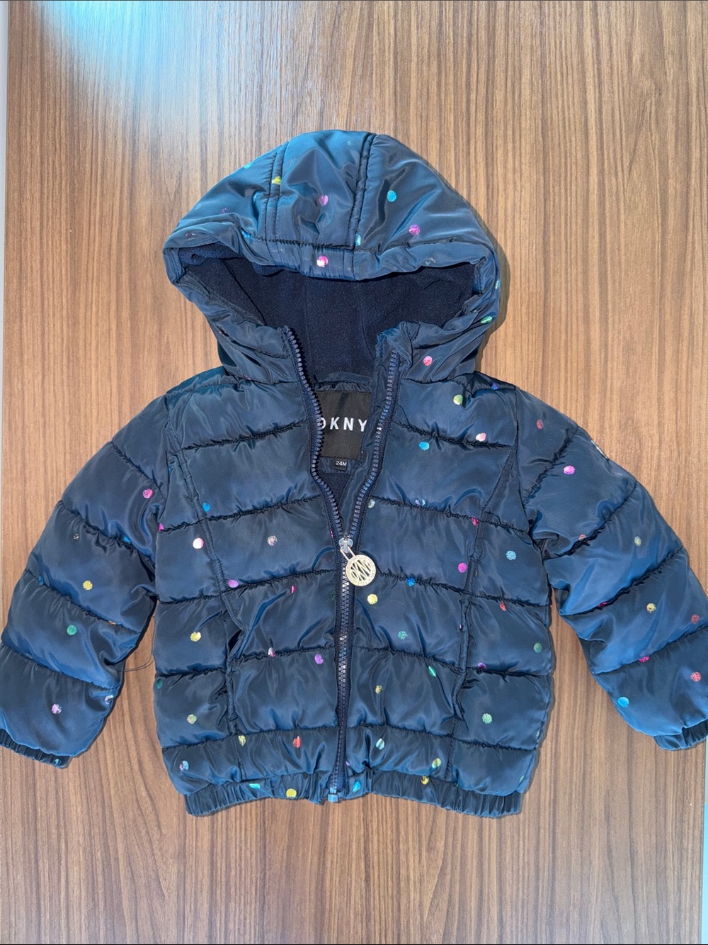 DKNY Black Hooded Puffer Jacket with Colorful Dot Print